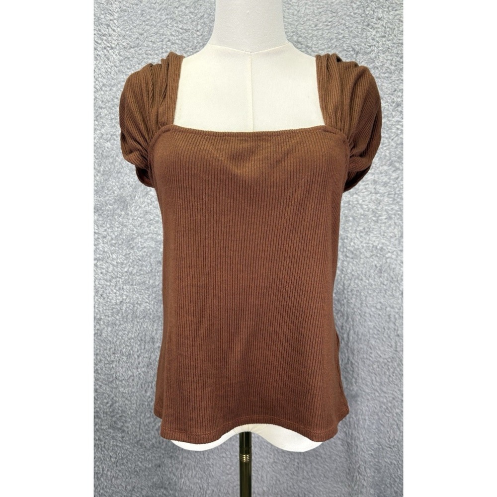 Anthropologie Ribbed Knit Crop Sweater Top XL Brown Cocoa Cap Sleeve Fitted - Picture 1 of 9